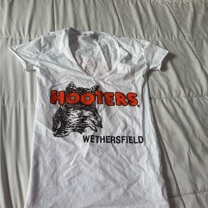 Hooters White Tee with Bold Orange Logo and Black Owl